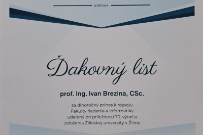 Fakulta riadenia a informatiky UNIZA ocenila prof. Ing. Ivana Brezinu, CSc.